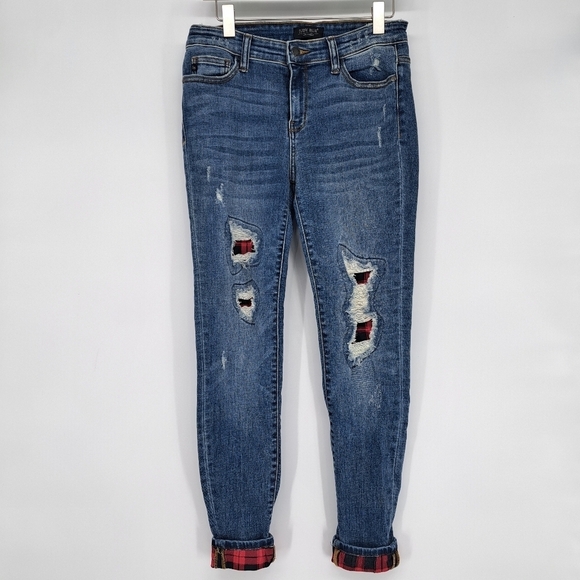 Judy Blue Med Wash Skinny Fit Buffalo Plaid Patch Distressed Jeans Size 28 - Picture 7 of 7